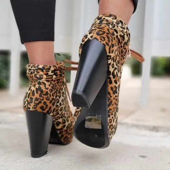 Women's Suede Lace-Up Chunky Block High Heel Ankle‎ Boots Leopard