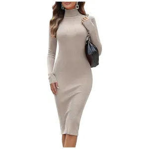 Women's Turtleneck Ribbed Knit Long Sleeve Slim Fit Sweater Dress Apricot-141