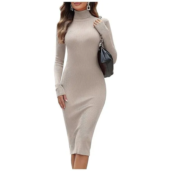 Women's Turtleneck Ribbed Knit Long Sleeve Slim Fit Sweater Dress Apricot-141