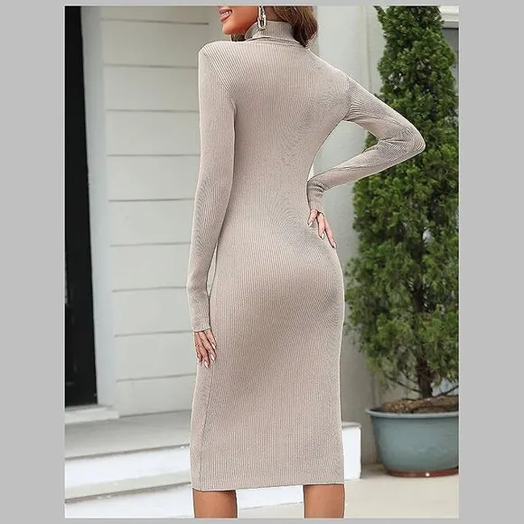 Women's Turtleneck Ribbed Knit Long Sleeve Slim Fit Sweater Dress Apricot-141