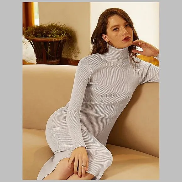 Women's Turtleneck Ribbed Knit Long Sleeve Slim Fit Sweater Dress Apricot-141