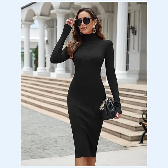 Women's Turtleneck Ribbed Knit Long Sleeve Slim Fit Sweater Dress Black-141