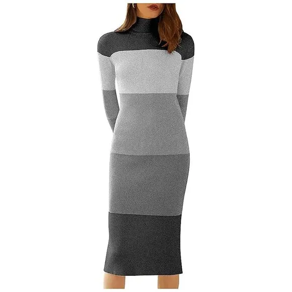Women's Turtleneck Ribbed Knit Long Sleeve Slim Fit Sweater Dress Black&amp;grey