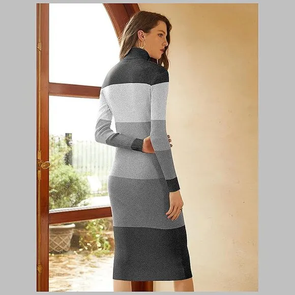 Women's Turtleneck Ribbed Knit Long Sleeve Slim Fit Sweater Dress Black&amp;grey