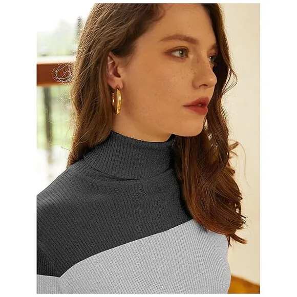 Women's Turtleneck Ribbed Knit Long Sleeve Slim Fit Sweater Dress Black&amp;grey