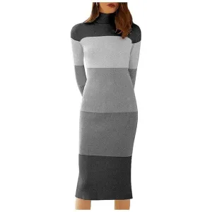 Women's Turtleneck Ribbed Knit Long Sleeve Slim Fit Sweater Dress Black&amp;grey