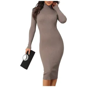 Women's Turtleneck Ribbed Knit Long Sleeve Slim Fit Sweater Dress Camel-141