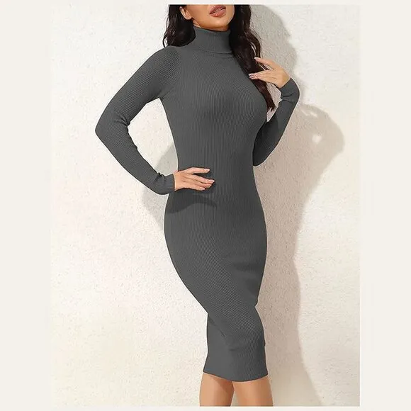 Women's Turtleneck Ribbed Knit Long Sleeve Slim Fit Sweater Dress Dark Grey-141