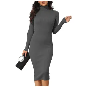 Women's Turtleneck Ribbed Knit Long Sleeve Slim Fit Sweater Dress Dark Grey-141