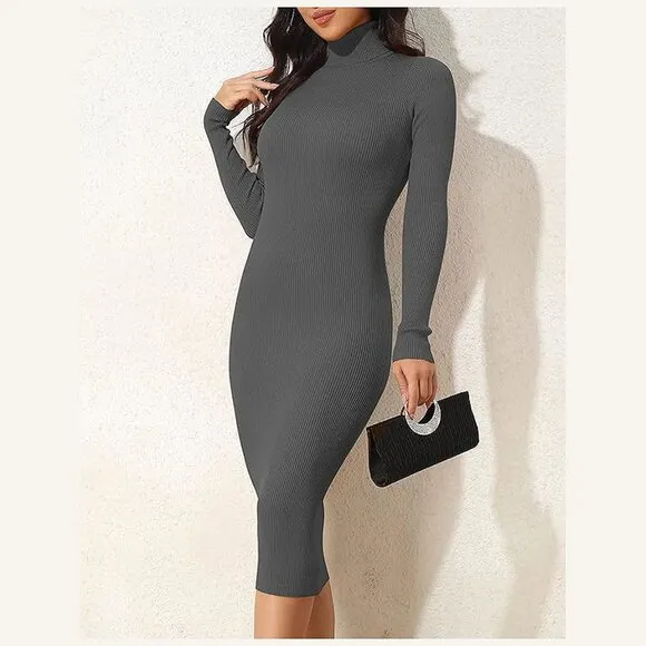 Women's Turtleneck Ribbed Knit Long Sleeve Slim Fit Sweater Dress Dark Grey-141
