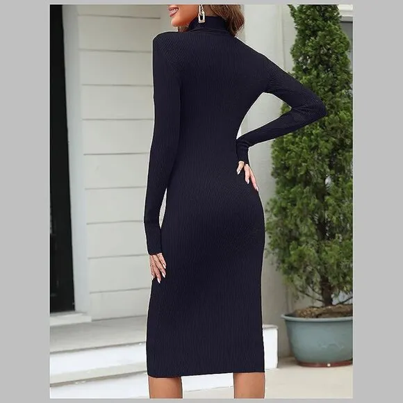 Women's Turtleneck Ribbed Knit Long Sleeve Slim Fit Sweater Dress Deep Blue-141