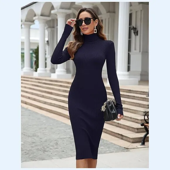 Women's Turtleneck Ribbed Knit Long Sleeve Slim Fit Sweater Dress Deep Blue-141