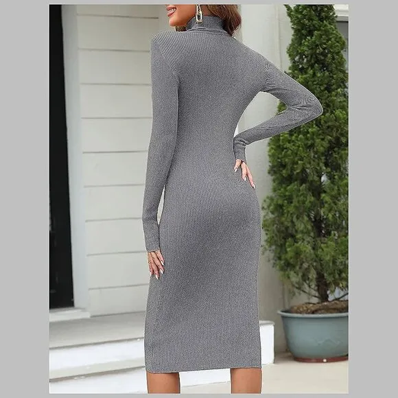 Women's Turtleneck Ribbed Knit Long Sleeve Slim Fit Sweater Dress Grey-141