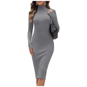 Women's Turtleneck Ribbed Knit Long Sleeve Slim Fit Sweater Dress Grey-141