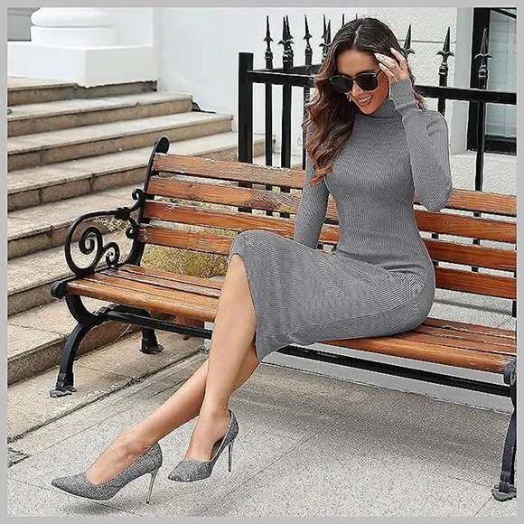 Women's Turtleneck Ribbed Knit Long Sleeve Slim Fit Sweater Dress Grey-141