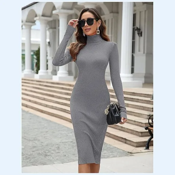 Women's Turtleneck Ribbed Knit Long Sleeve Slim Fit Sweater Dress Grey-141
