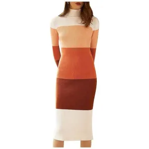 Women's Turtleneck Ribbed Knit Long Sleeve Slim Fit Sweater Dress Orange&amp;brown