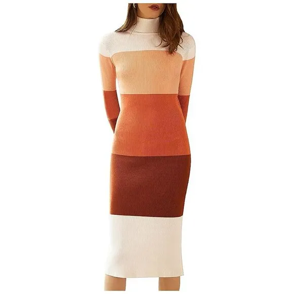 Women's Turtleneck Ribbed Knit Long Sleeve Slim Fit Sweater Dress Orange&amp;brown