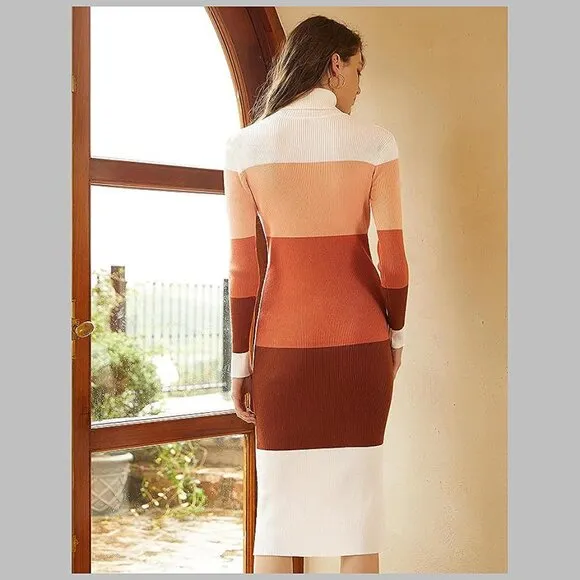 Women's Turtleneck Ribbed Knit Long Sleeve Slim Fit Sweater Dress Orange&amp;brown