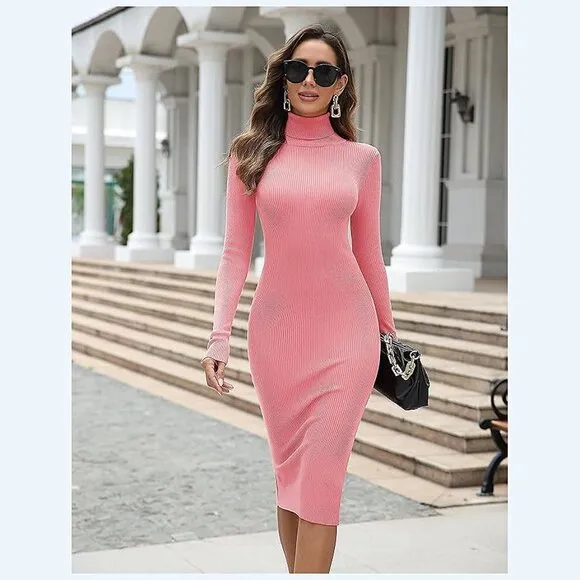 Women's Turtleneck Ribbed Knit Long Sleeve Slim Fit Sweater Dress Pink-141