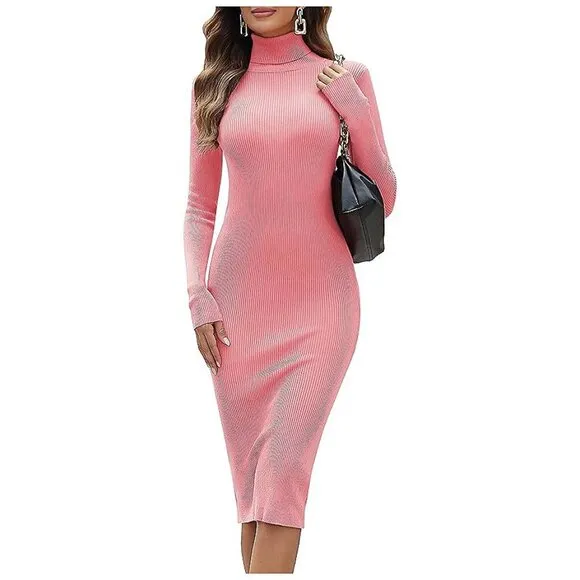 Women's Turtleneck Ribbed Knit Long Sleeve Slim Fit Sweater Dress Pink-141