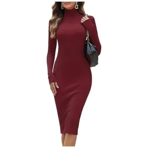 Women's Turtleneck Ribbed Knit Long Sleeve Slim Fit Sweater Dress Red-141
