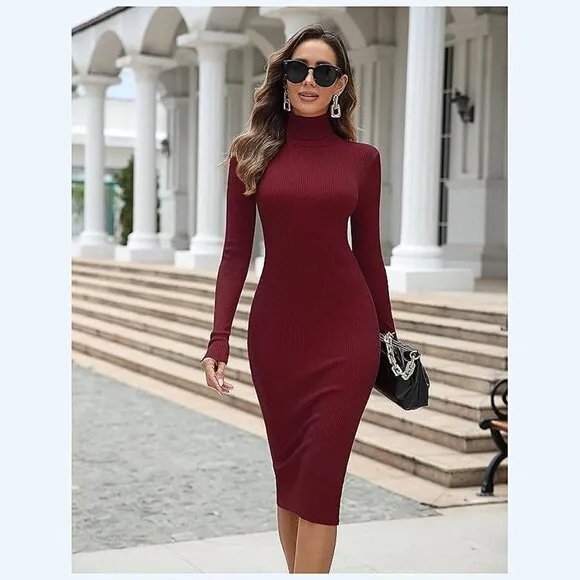 Women's Turtleneck Ribbed Knit Long Sleeve Slim Fit Sweater Dress Red-141