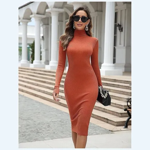 Women's Turtleneck Ribbed Knit Long Sleeve Slim Fit Sweater Dress Tangerine-141