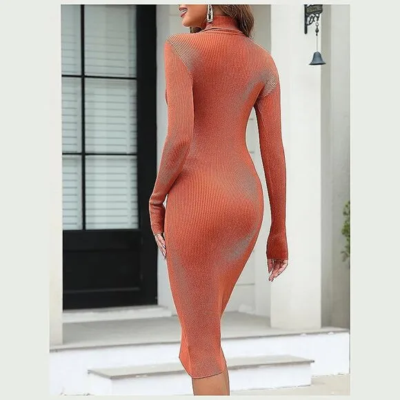 Women's Turtleneck Ribbed Knit Long Sleeve Slim Fit Sweater Dress Tangerine-141