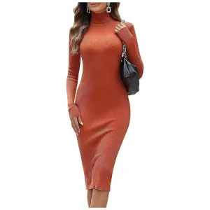 Women's Turtleneck Ribbed Knit Long Sleeve Slim Fit Sweater Dress Tangerine-141