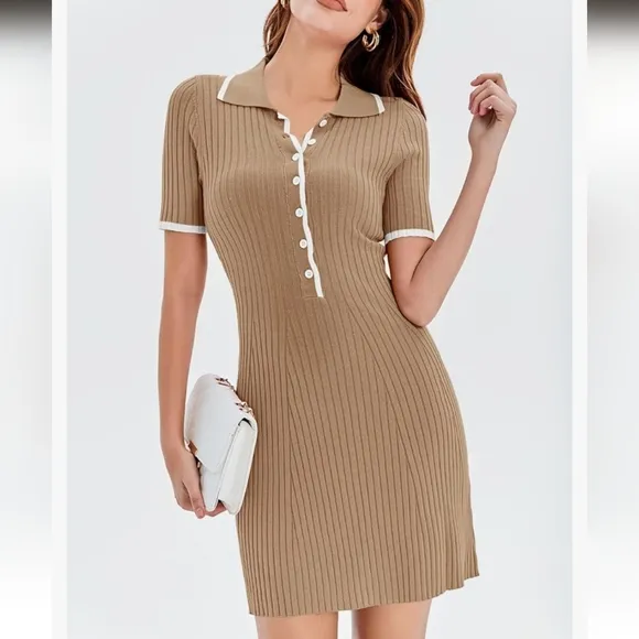 Womens V Neck Short Sleeve Slim Fit Bodycon Sweater Dress Button Up Ribbed Knit