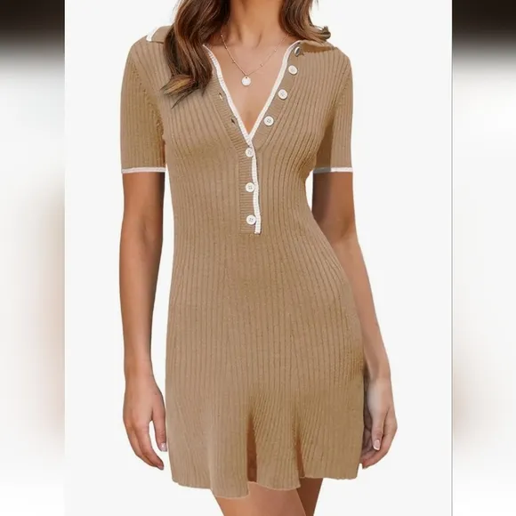 Womens V Neck Short Sleeve Slim Fit Bodycon Sweater Dress Button Up Ribbed Knit
