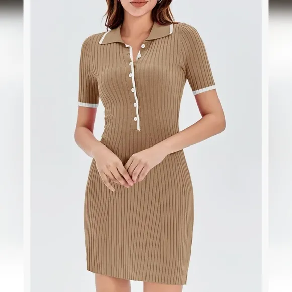 Womens V Neck Short Sleeve Slim Fit Bodycon Sweater Dress Button Up Ribbed Knit