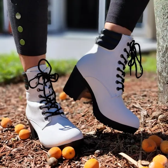 Women's White Chunky Block High Heel Ankle Booties