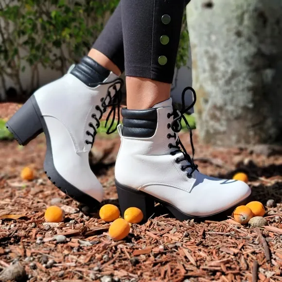 Women's White Chunky Block High Heel Ankle Booties