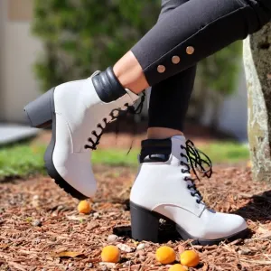 Women's White Chunky Block High Heel Ankle Booties