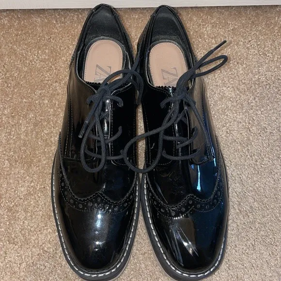 Womens Zara Chunky Platform Patent Leather Oxford Derby Shoes