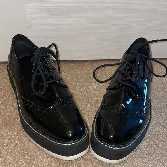 Womens Zara Chunky Platform Patent Leather Oxford Derby Shoes