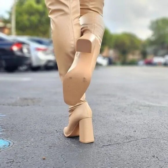 Women's Thigh High Over the Knee Boots Chunky Heel Nude Color