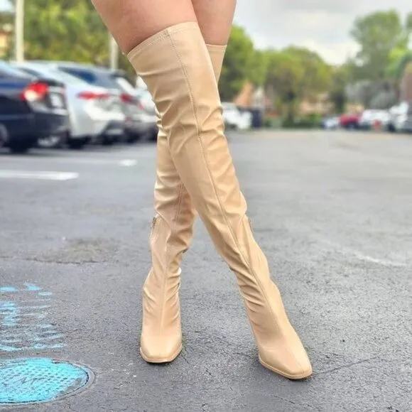 Women's Thigh High Over the Knee Boots Chunky Heel Nude Color