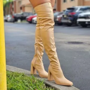 Women's Thigh High Over the Knee Boots Chunky Heel Nude Color