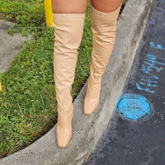 Women's Thigh High Over the Knee Boots Chunky Heel Nude Color