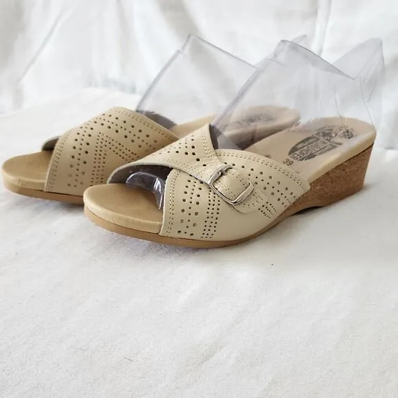 Worishofer Comfort Perforated Leather Slide Sandals Cork Wedge EU 39
