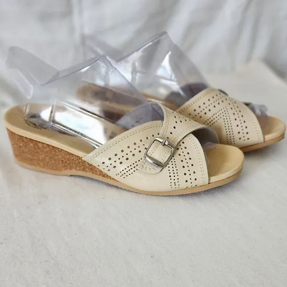 Worishofer Comfort Perforated Leather Slide Sandals Cork Wedge EU 39