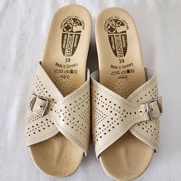 Worishofer Comfort Perforated Leather Slide Sandals Cork Wedge EU 39