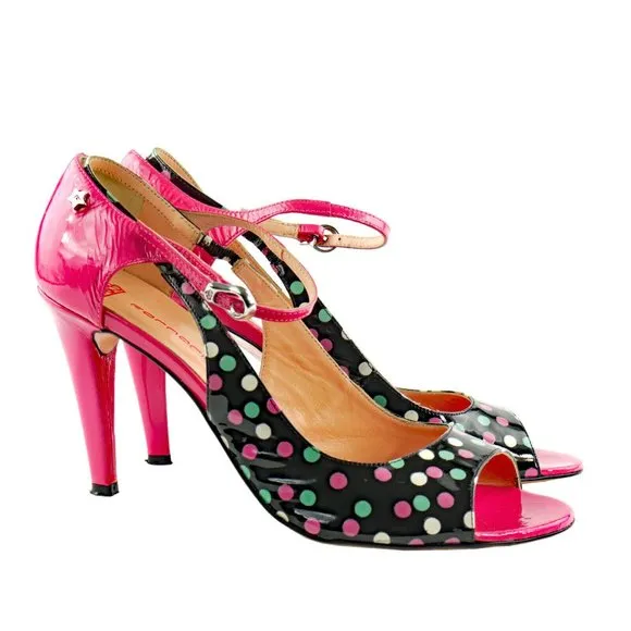 Worn 2x FORNARINA Polka Dot Patent Strappy Heels Pumps 41 EU 10 US ITALY