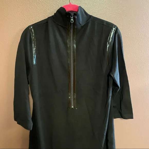 WORTH chocolate brown silk blend turtleneck sweater dress with patent piping