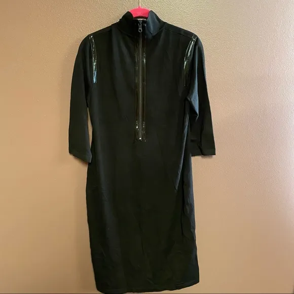 WORTH chocolate brown silk blend turtleneck sweater dress with patent piping