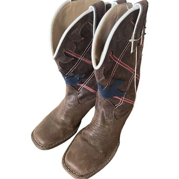YeeHaw Roper Kids Cowboy Boots NWOT Brown Blue Bucking Horse Red CC Youth 3