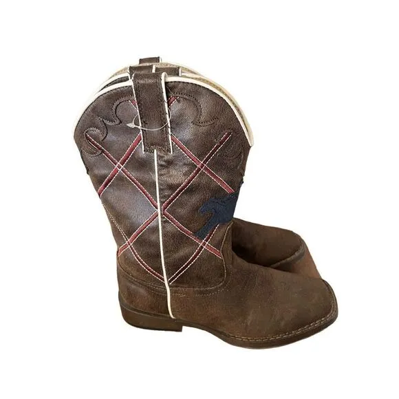 YeeHaw Roper Kids Cowboy Boots NWOT Brown Blue Bucking Horse Red CC Youth 3